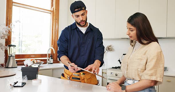 Service technician showing upfront pricing structure on tablet to homeowner in Maryland