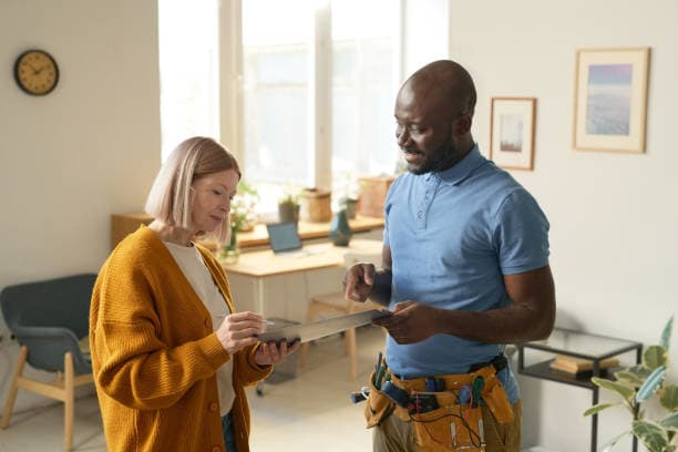 My Heating and Cooling technician pointing at smart thermostat while explaining climate controls to a homeowner